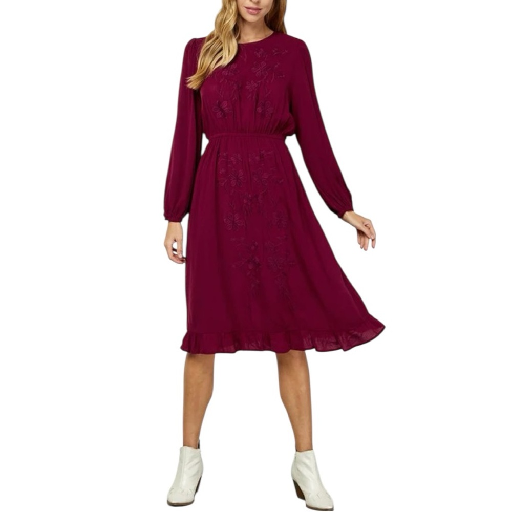 Angela Plus Plum Embroidered Midi Dress size 1X Long Sleeve Ruffle Hem NWT